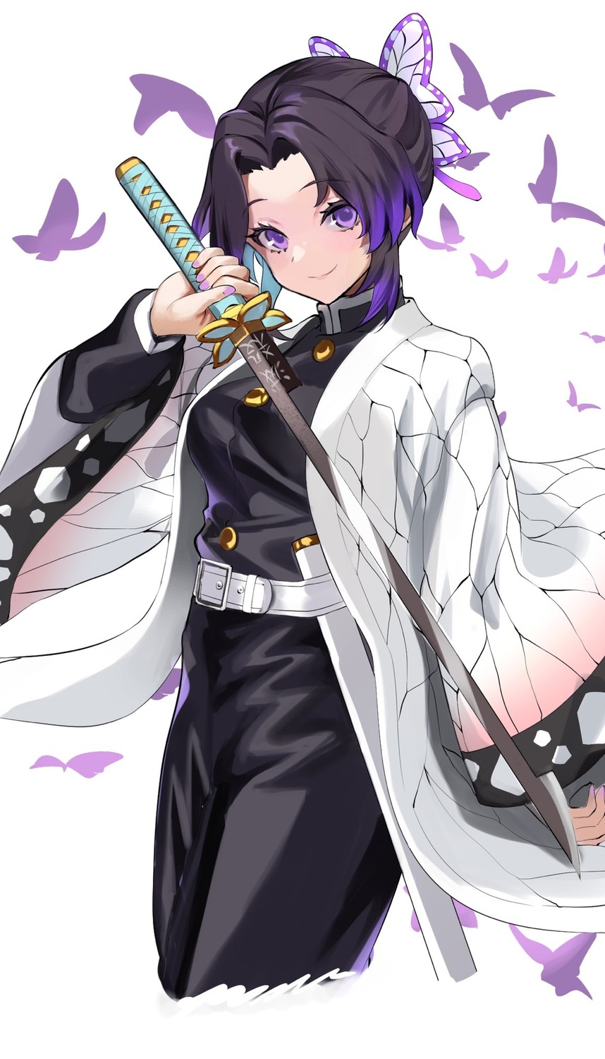 breast_hold, japanese_clothes, kimetsu_no_yaiba, kochou_shinobu, spider_apple, sword, uniform