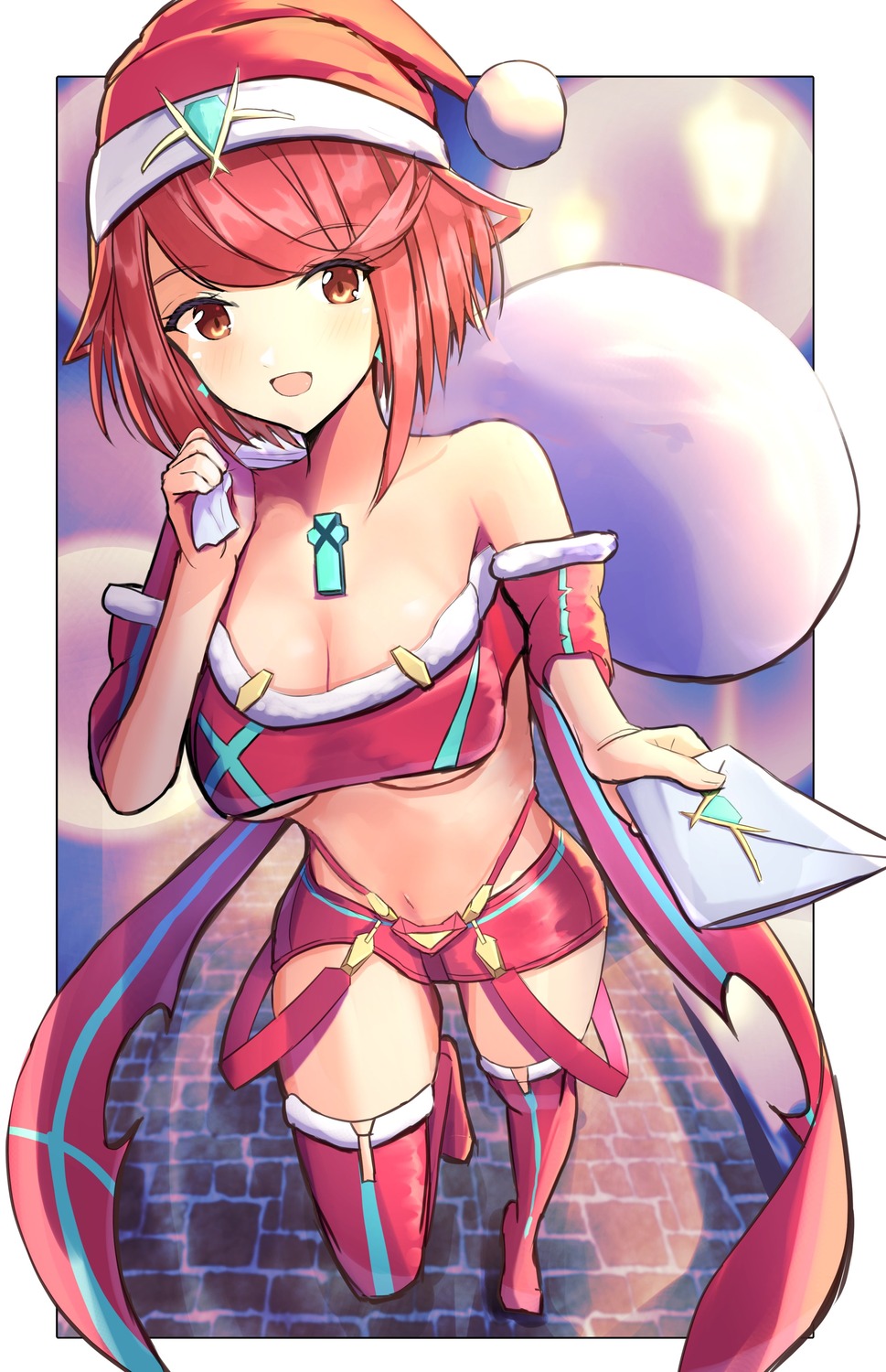 christmas, cleavage, homura_(xenoblade_2), karuushi, no_bra, thighhighs, underboob, xenoblade_(series)