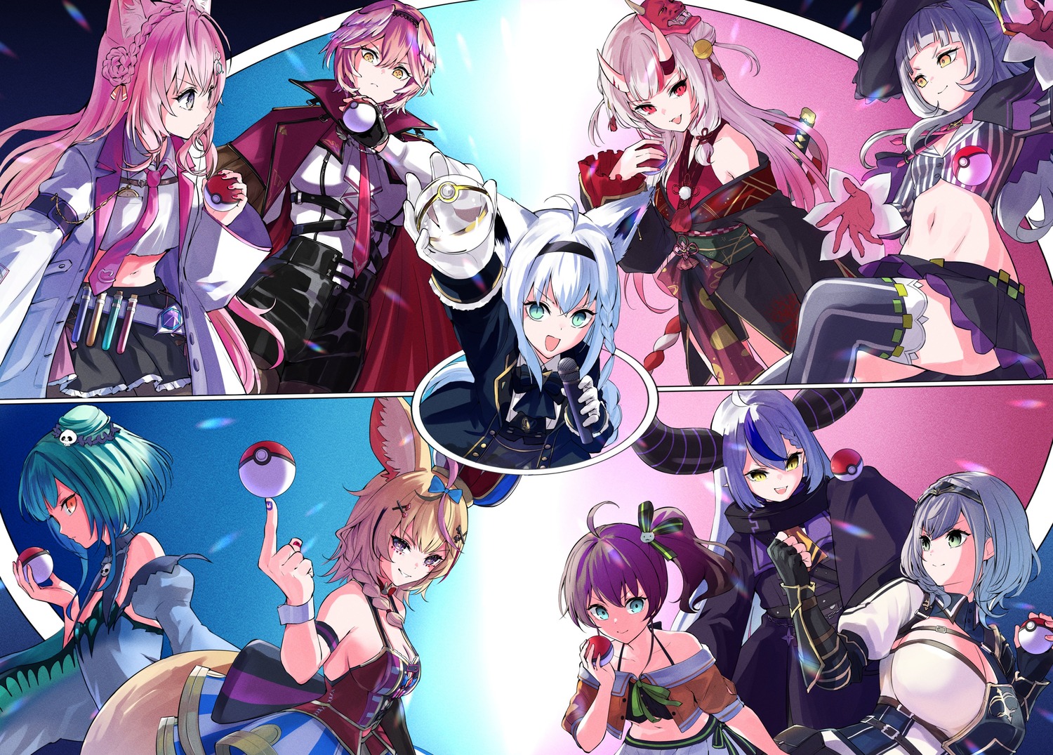 animal_ears, cleavage, devil, dress, hakui_koyori, hololive, hololive_gamers, horns, japanese_clothes, kitsune, la+_darknesss, murasaki_shion, nakiri_ayame, natsuiro_matsuri, omaru_polka, pokemon, shirakami_fubuki, shirogane_noel, sword, tail, takane_lui, thighhighs, uniform, uruha_rushia, wings, yuu201023