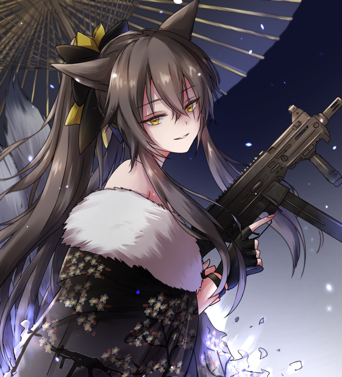 animal_ears, girls_frontline, gun, japanese_clothes, kogarashi_kon, tail, umbrella, ump45_(girls_frontline)
