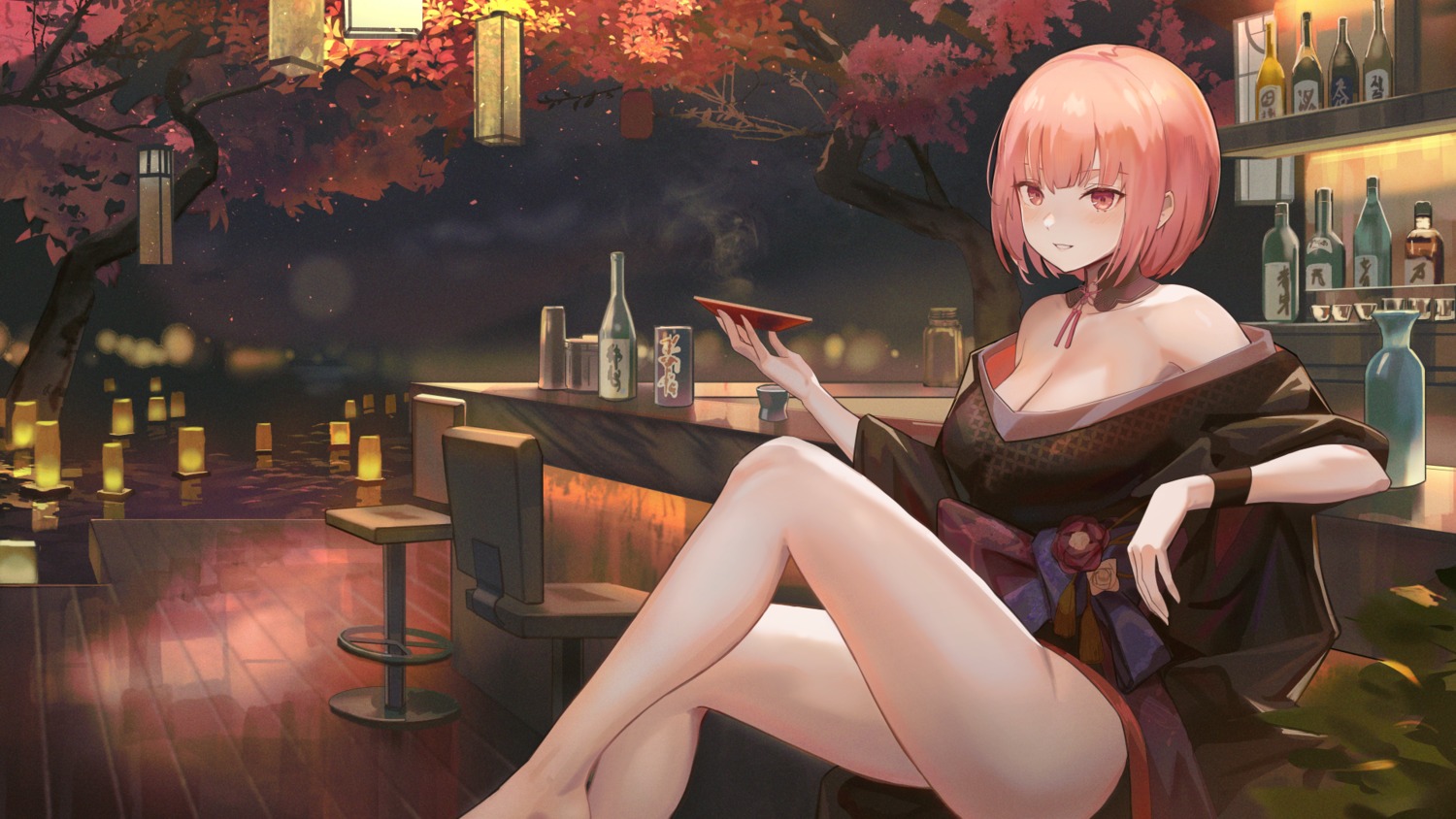 hololive, hololive_english, japanese_clothes, mori_calliope, no_bra, open_shirt, sake, san_ke_yue_shi