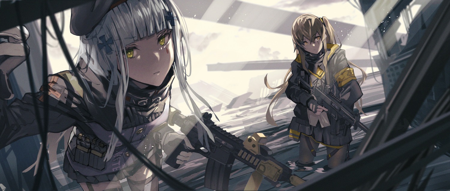 fujita_(condor), girls_frontline, gun, hk416_(girls_frontline), pantyhose, stockings, thighhighs, ump45_(girls_frontline)