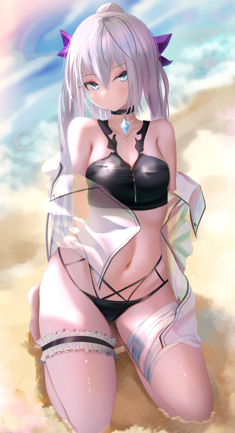 bandages, bikini, garter, kayjae, open_shirt, see_through, swimsuits