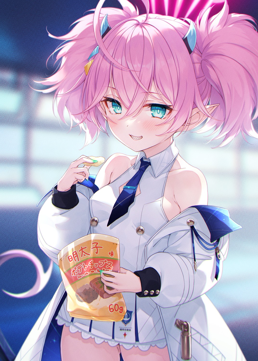 blue_archive, halo, hasumi_(hasubatake39), horns, pointy_ears, uniform, yuragi_momoka