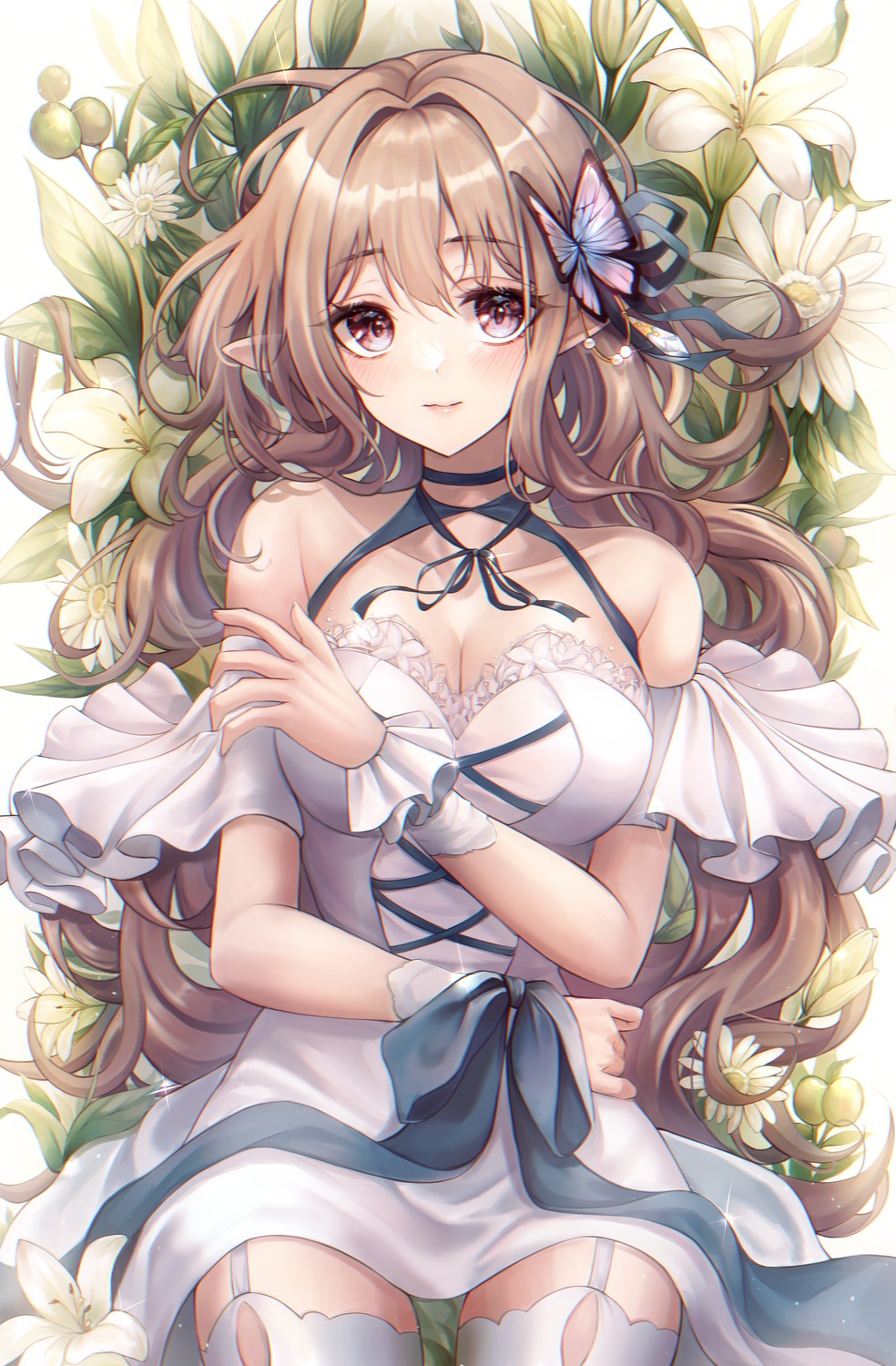cleavage, dress, elf, pippin_sol, pointy_ears, stockings, thighhighs