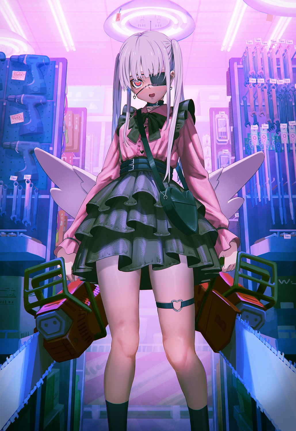 angel, eyepatch, garter, gothic_lolita, hironii_(hirofactory), lolita_fashion, weapon, wings
