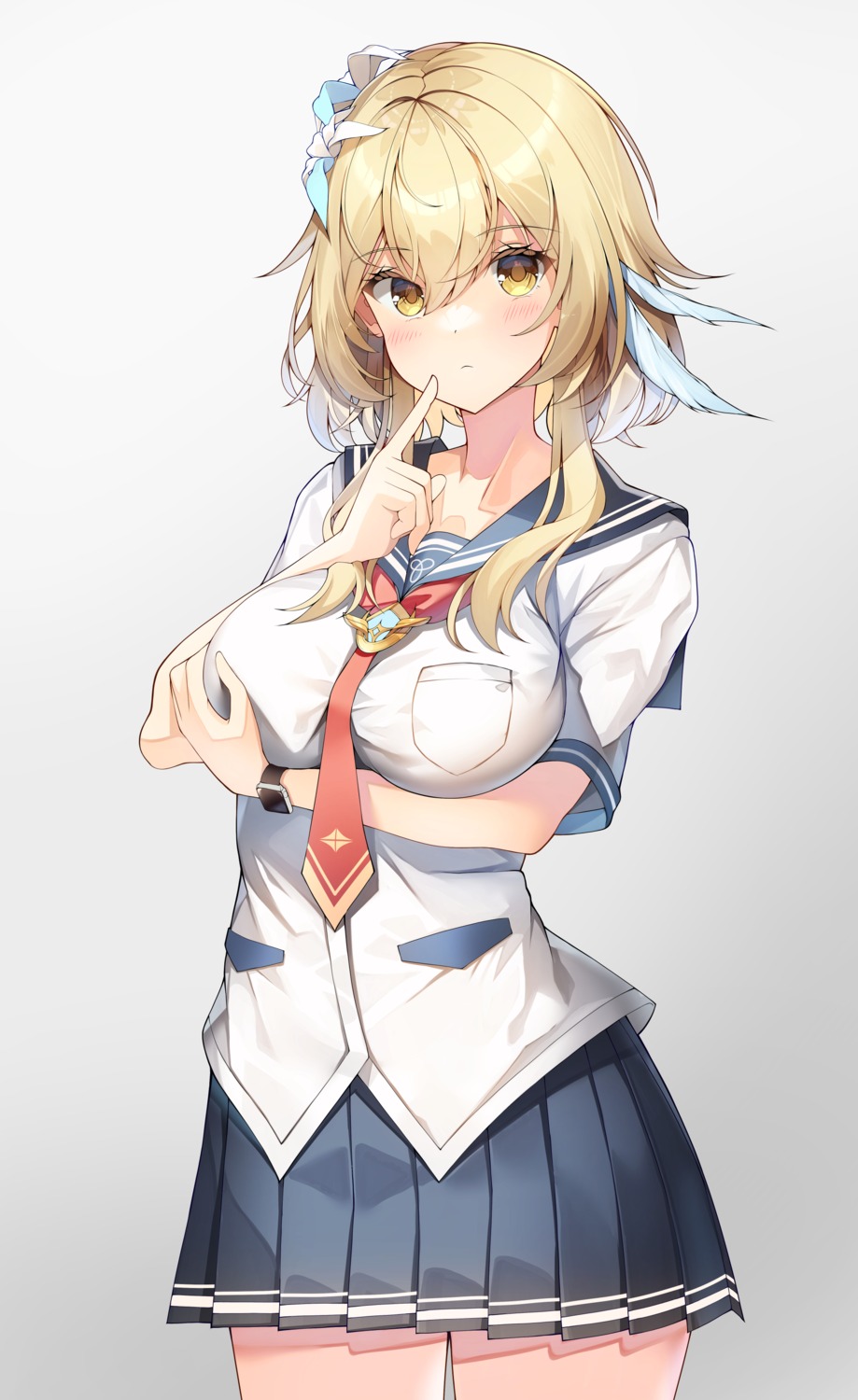 breast_hold, genshin_impact, lumine, seifuku, sob_(submar1089)