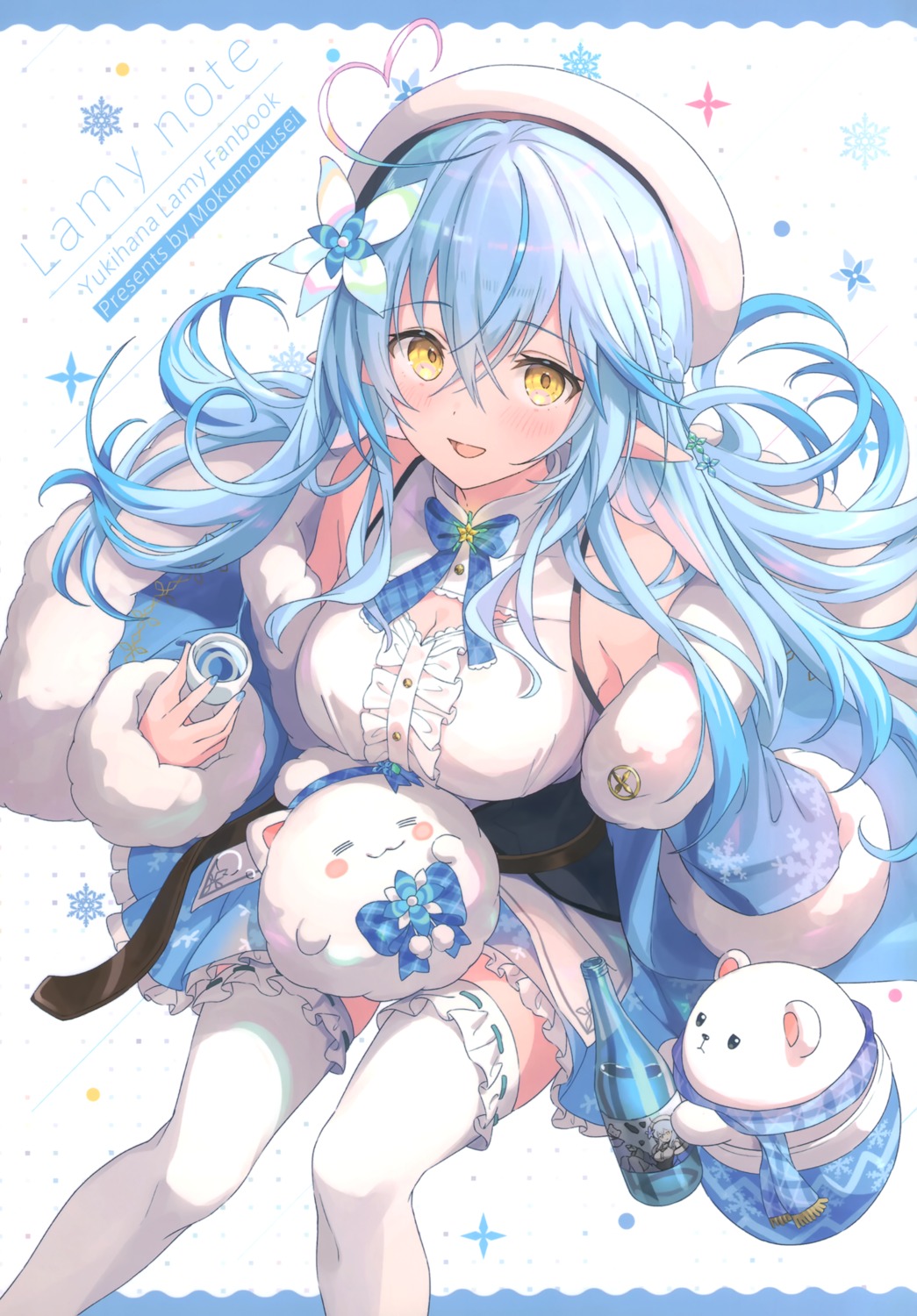 akamoku, cleavage, daifuku_(yukihana_lamy), elf, hololive, mokumokusei, pointy_ears, sake