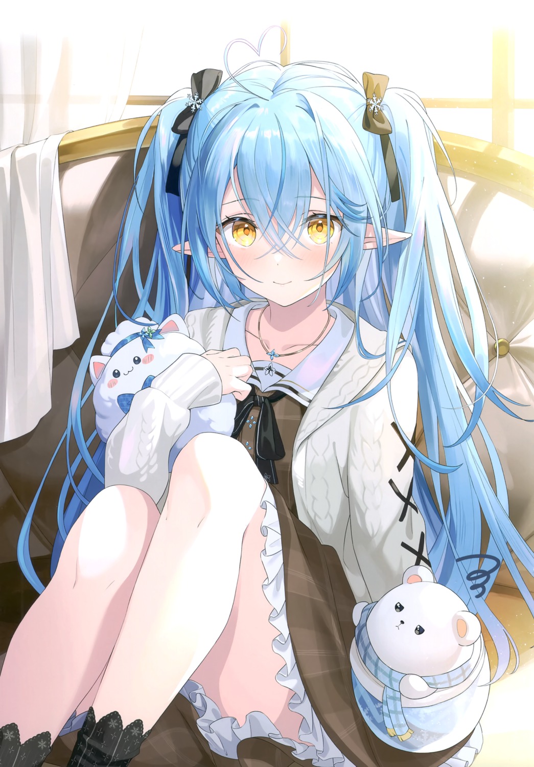 akamoku, daifuku_(yukihana_lamy), elf, hololive, mokumokusei, pointy_ears, seifuku, skirt_lift