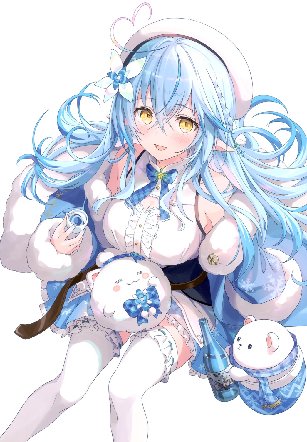 akamoku, cleavage, daifuku_(yukihana_lamy), elf, hololive, mokumokusei, pointy_ears, sake