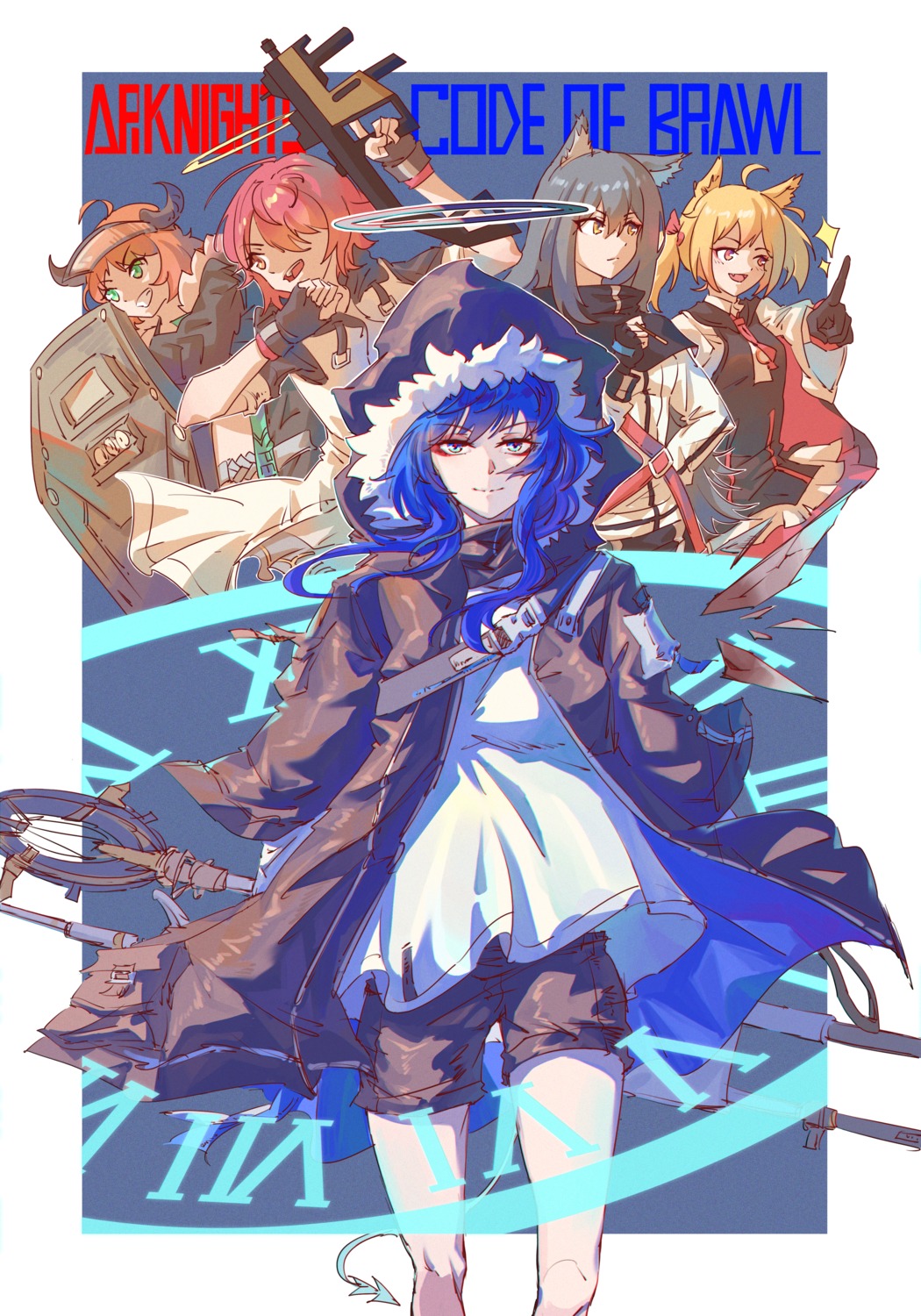 animal_ears, arknights, croissant_(arknights), exusiai_(arknights), gun, horns, innoarukugyou, mostima_(arknights)