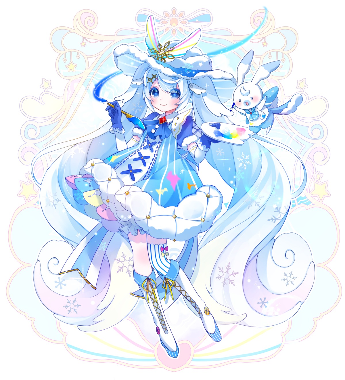 dress, hatsune_miku, rabbit_yukine, shirayuki_towa, thighhighs, vocaloid, yuki_miku