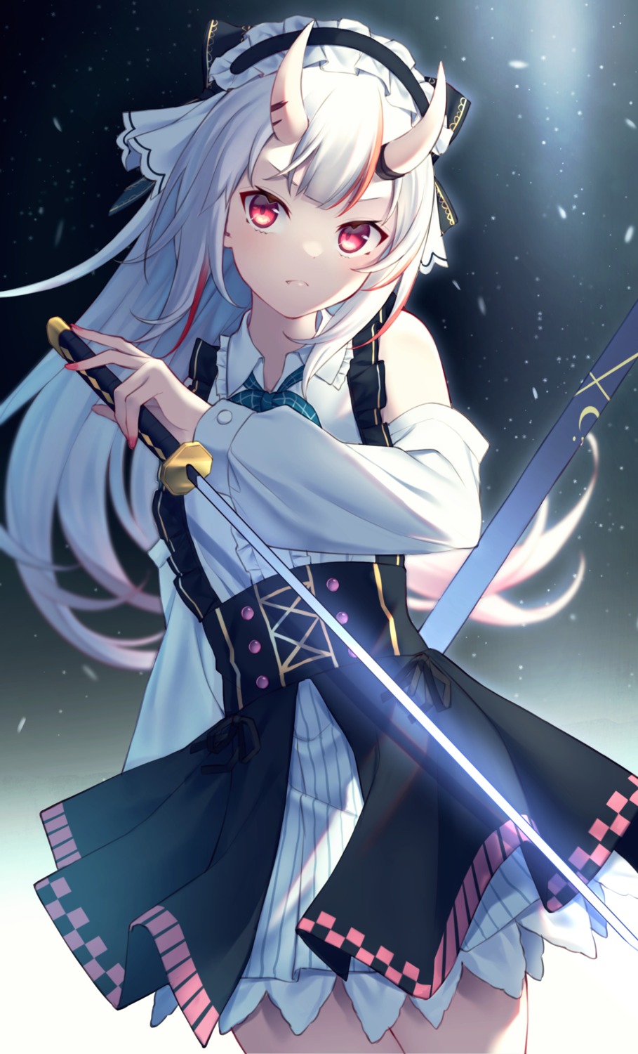 gothic_lolita, hololive, horns, kiki_okina, lolita_fashion, nakiri_ayame, sword