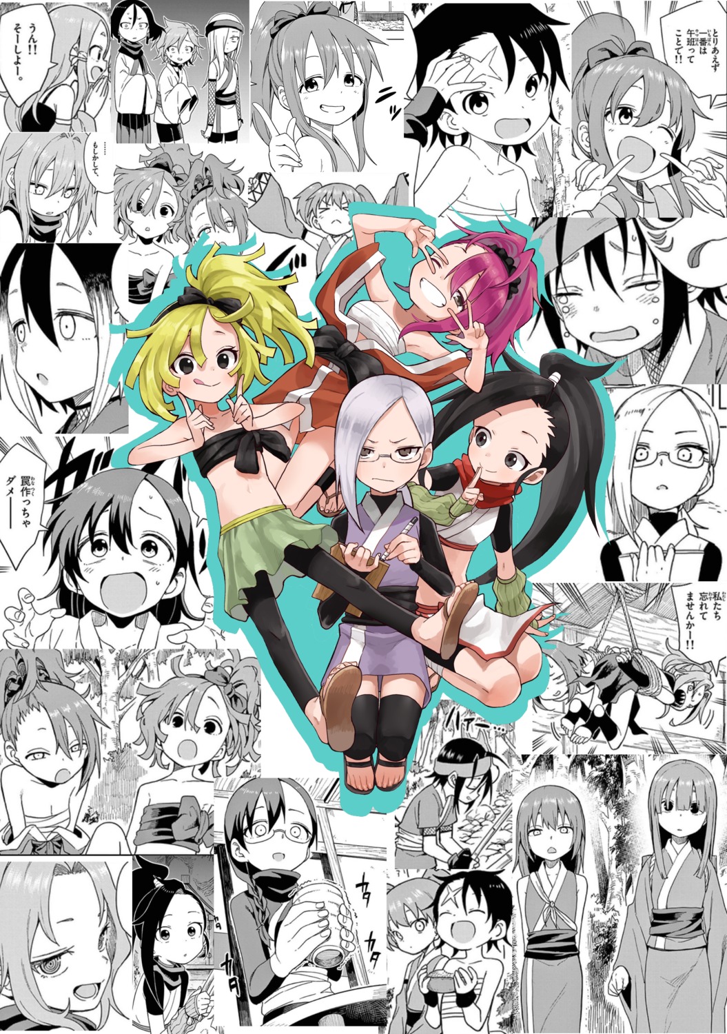 ajisai_(kunoichi_tsubaki_no_mune_no_uchi), asagao_(kunoichi_tsubaki_no_mune_no_uchi), azami_(kunoichi_tsubaki_no_mune_no_uchi), bike_shorts, fuki_(kunoichi_tsubaki_no_mune_no_uchi), hagi_(kunoichi_tsubaki_no_mune_no_uchi), hinagiku_(kunoichi_tsubaki_no_mune_no_uchi), hototogisu_(kunoichi_tsubaki_no_mune_no_uchi), itadori_(kunoichi_tsubaki_no_mune_no_uchi), japanese_clothes, kagetsu_(kunoichi_tsubaki_no_mune_no_uchi), konoha_sensei_(kunoichi_tsubaki_no_mune_no_uchi), kunoichi_tsubaki_no_mune_no_uchi, megane, ninja, open_shirt, rindou_(kunoichi_tsubaki_no_mune_no_uchi), sarashi, sazanka_(kunoichi_tsubaki_no_mune_no_uchi), sumire_(kunoichi_tsubaki_no_mune_no_uchi), tanpopo_(kunoichi_tsubaki_no_mune_no_uchi), thighhighs, tsubaki_(kunoichi_tsubaki_no_mune_no_uchi), ume_(kunoichi_tsubaki_no_mune_no_uchi), yamamoto_souichirou