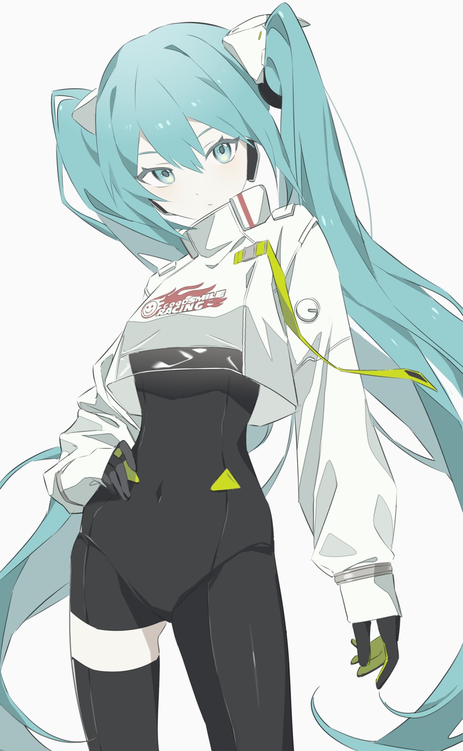azuki_(ckxs7444), bodysuit, goodsmile_racing, hatsune_miku, headphones, racing_miku, thighhighs, vocaloid