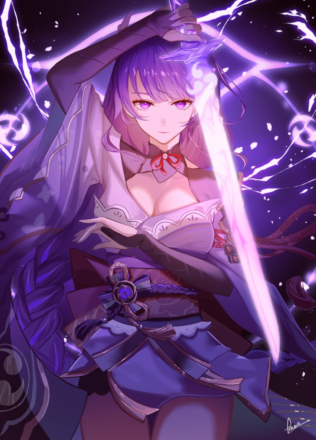 cleavage, genshin_impact, japanese_clothes, kawa, no_bra, open_shirt, raiden_shogun, sword