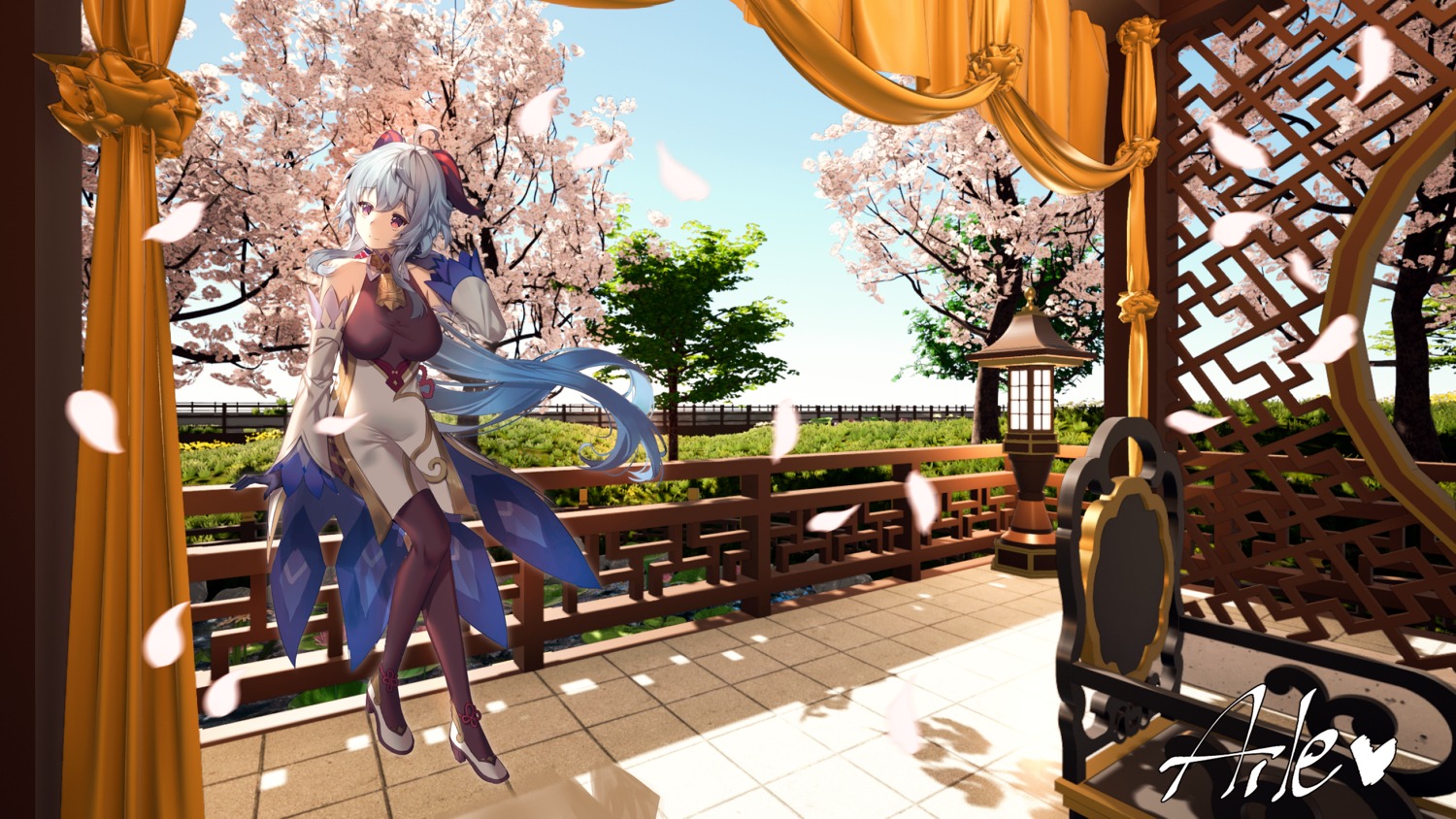 aile_(crossroads), asian_clothes, bodysuit, ganyu, genshin_impact, heels, horns, landscape