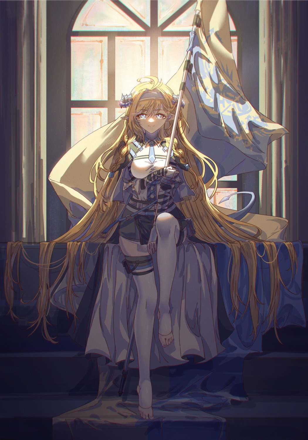arknights, dress, garter, horns, innoarukugyou, pantyhose, pointy_ears, saileach_(arknights)