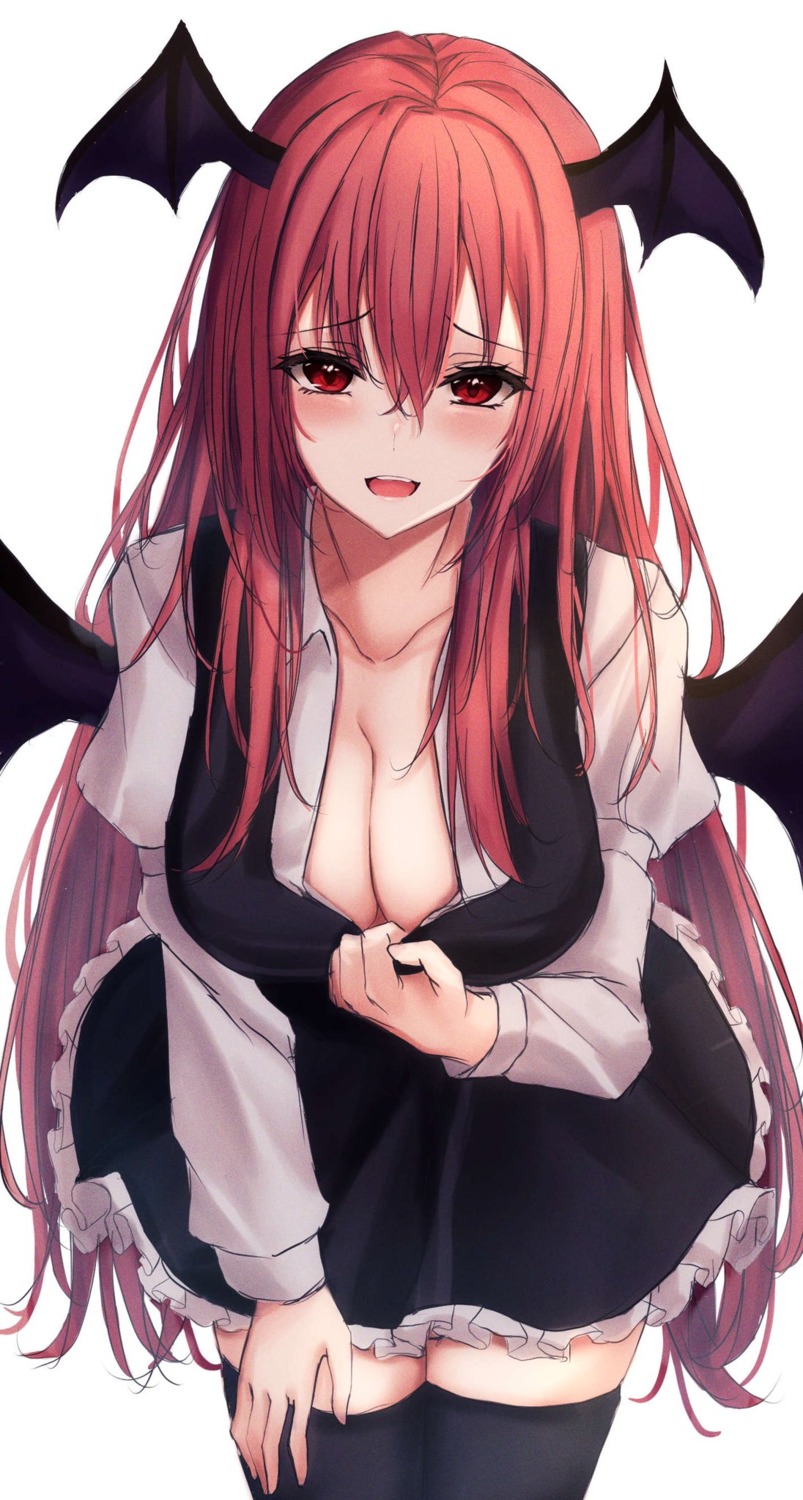 cleavage, koakuma, kure:kuroha, no_bra, open_shirt, sketch, thighhighs, touhou