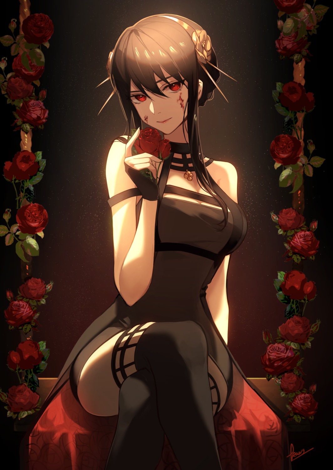 blood, dress, kawausoman, spy_x_family, thighhighs, yor_briar