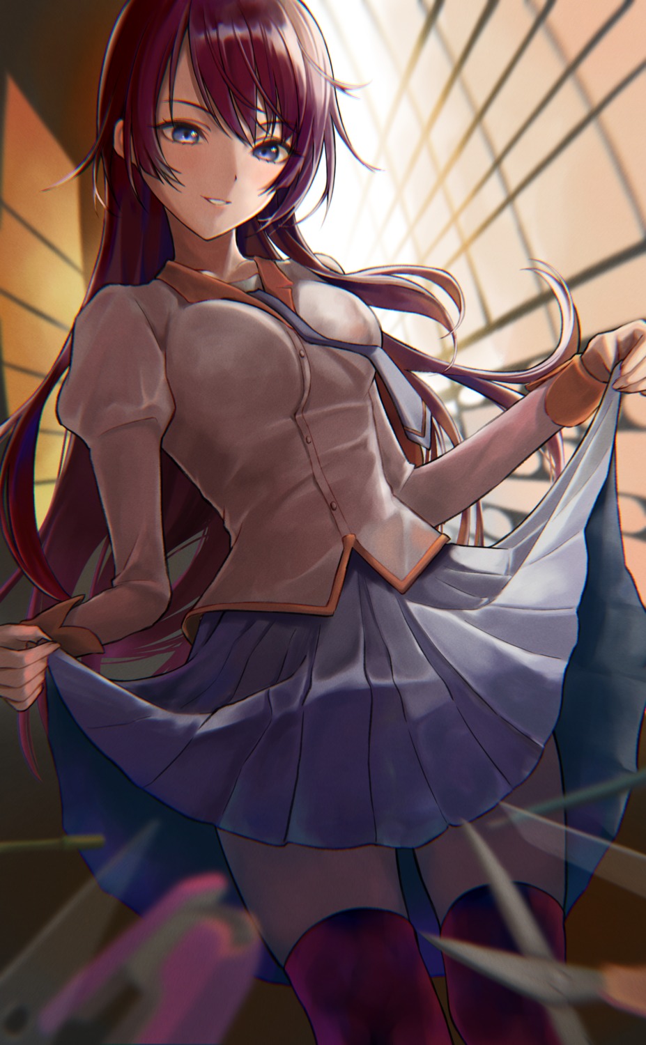 bakemonogatari, huziko, monogatari_(series), seifuku, senjougahara_hitagi, skirt_lift, thighhighs