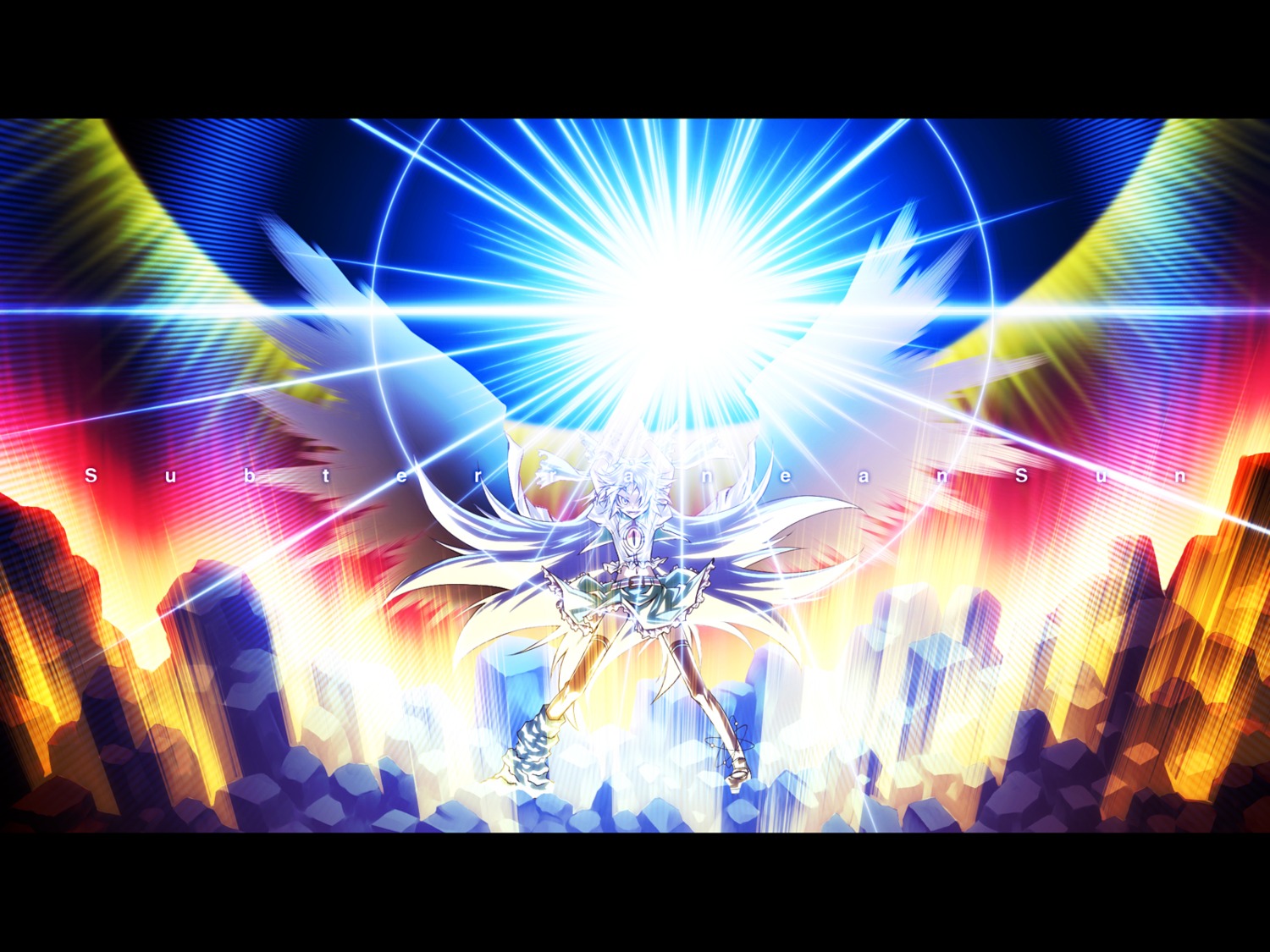 landscape, red, reiuji_utsuho, touhou, wallpaper, wings