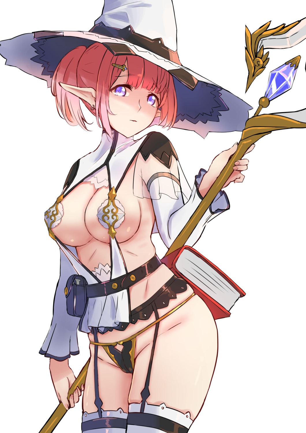 bikini_armor, elf, garter_belt, pointy_ears, see_through, stockings, thighhighs, weapon, witch, yilan_un