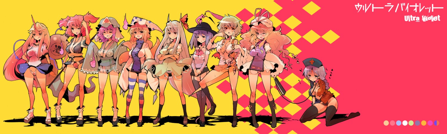 ex_keine, hiruma_andon, horns, hoshiguma_yuugi, kamishirasawa_keine, kazami_yuuka, ke1rou, nagae_iku, onozuka_komachi, pantsu, saigyouji_yuyuko, tail, thighhighs, touhou, yagokoro_eirin, yakumo_ran, yakumo_yukari