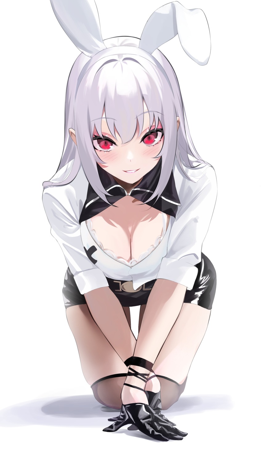 animal_ears, bunny_ears, cleavage, spider_apple, thighhighs