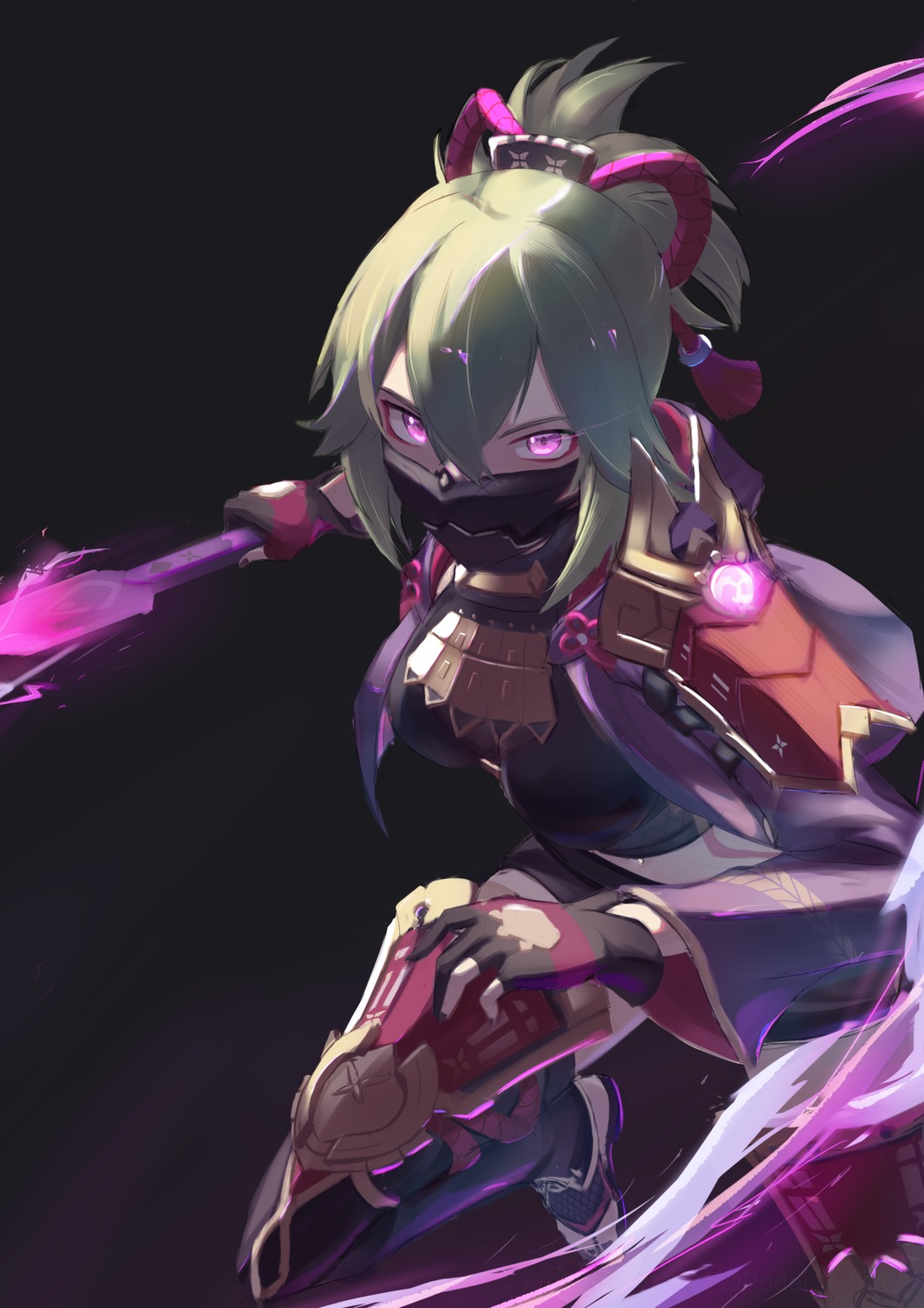 armor, fishnets, genshin_impact, japanese_clothes, kuki_shinobu, podel_1, thighhighs