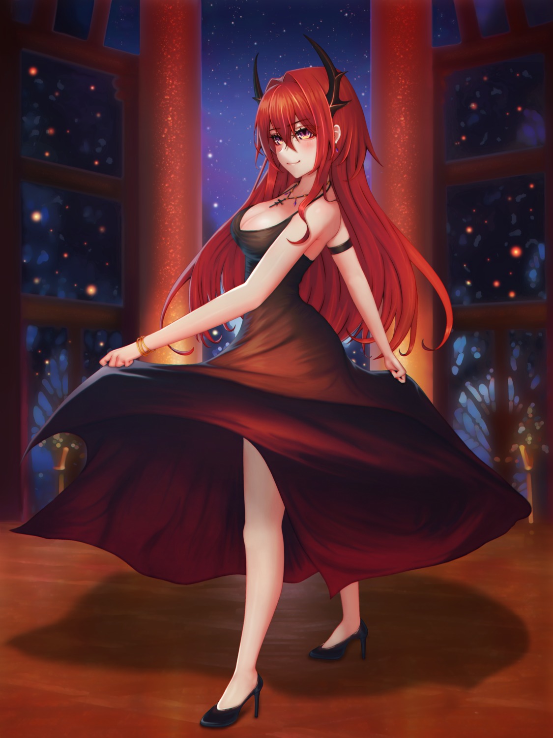 absurd_fox, arknights, dress, heels, horns, skirt_lift, surtr_(arknights)