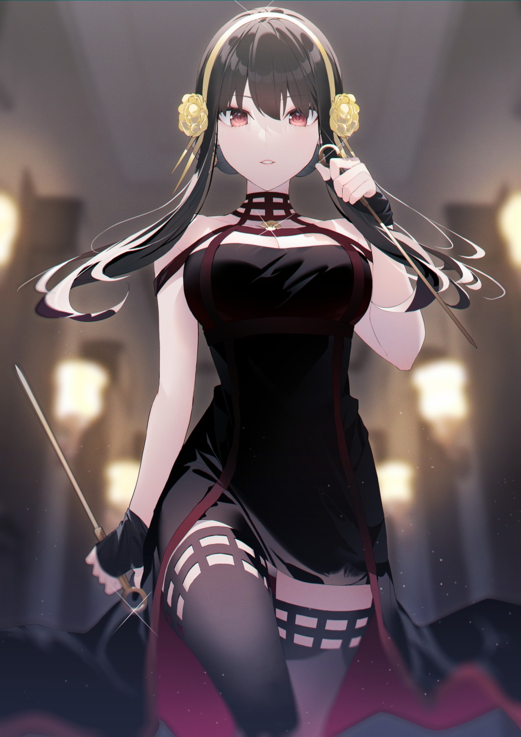 dress, hakuishi_aoi, spy_x_family, thighhighs, weapon, yor_briar