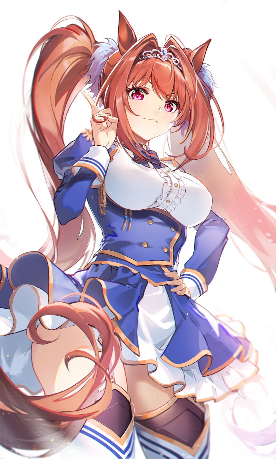 animal_ears, baisi_shaonian, daiwa_scarlet_(umamusume), skirt_lift, stockings, tail, thighhighs, uma_musume_pretty_derby