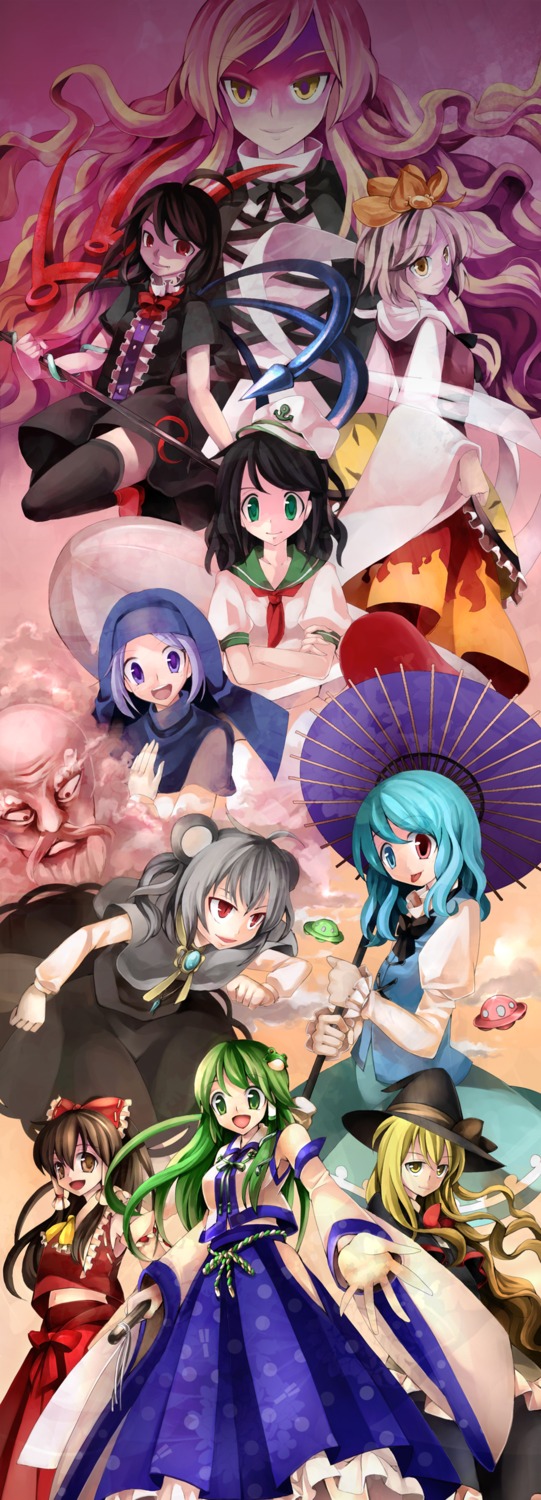 animal_ears, dress, hakurei_reimu, heterochromia, hijiri_byakuren, houjuu_nue, kirisame_marisa, kochiya_sanae