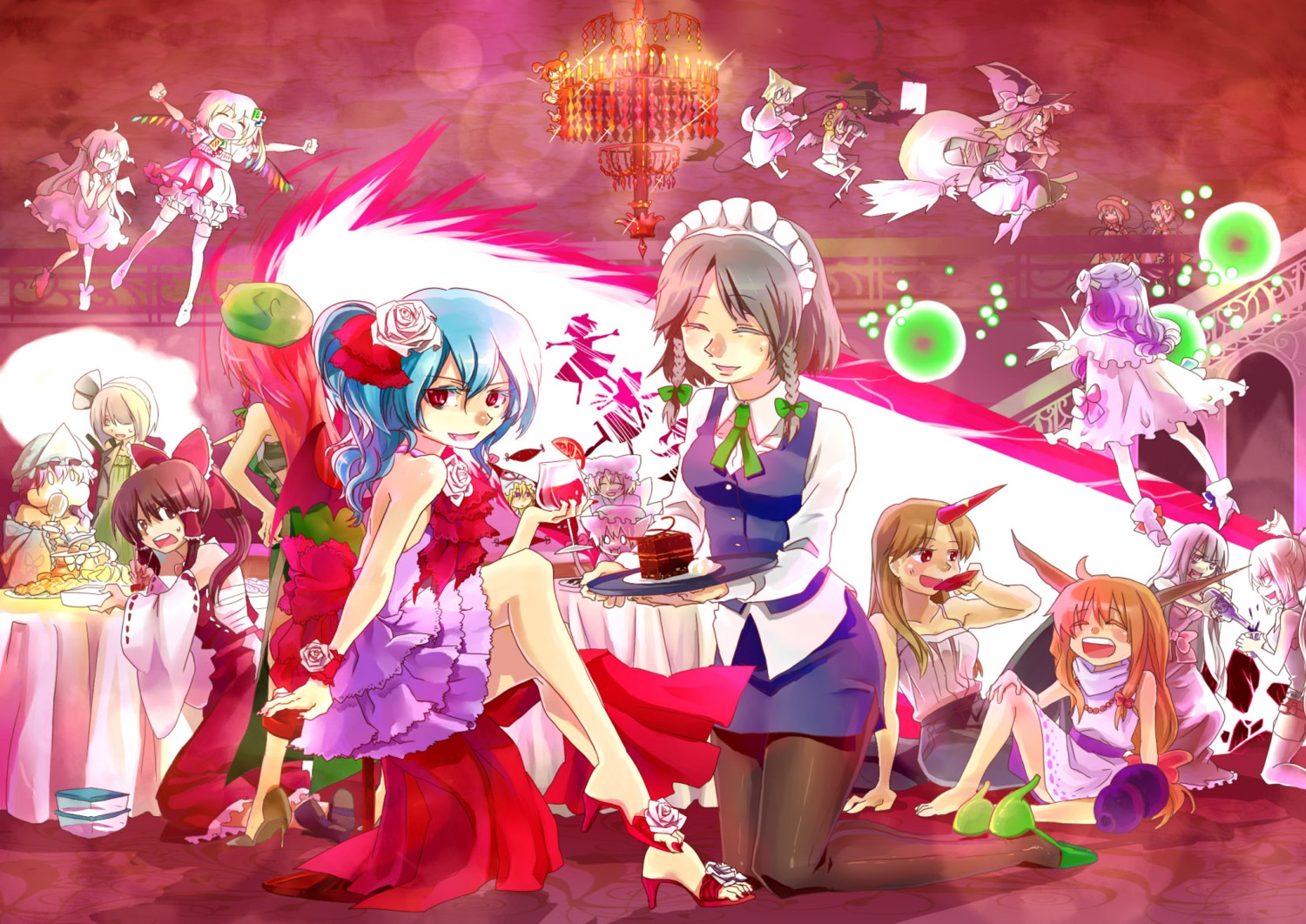 cirno, dress, flandre_scarlet, fujiwara_no_mokou, hakurei_reimu, heels, hong_meiling, horns
