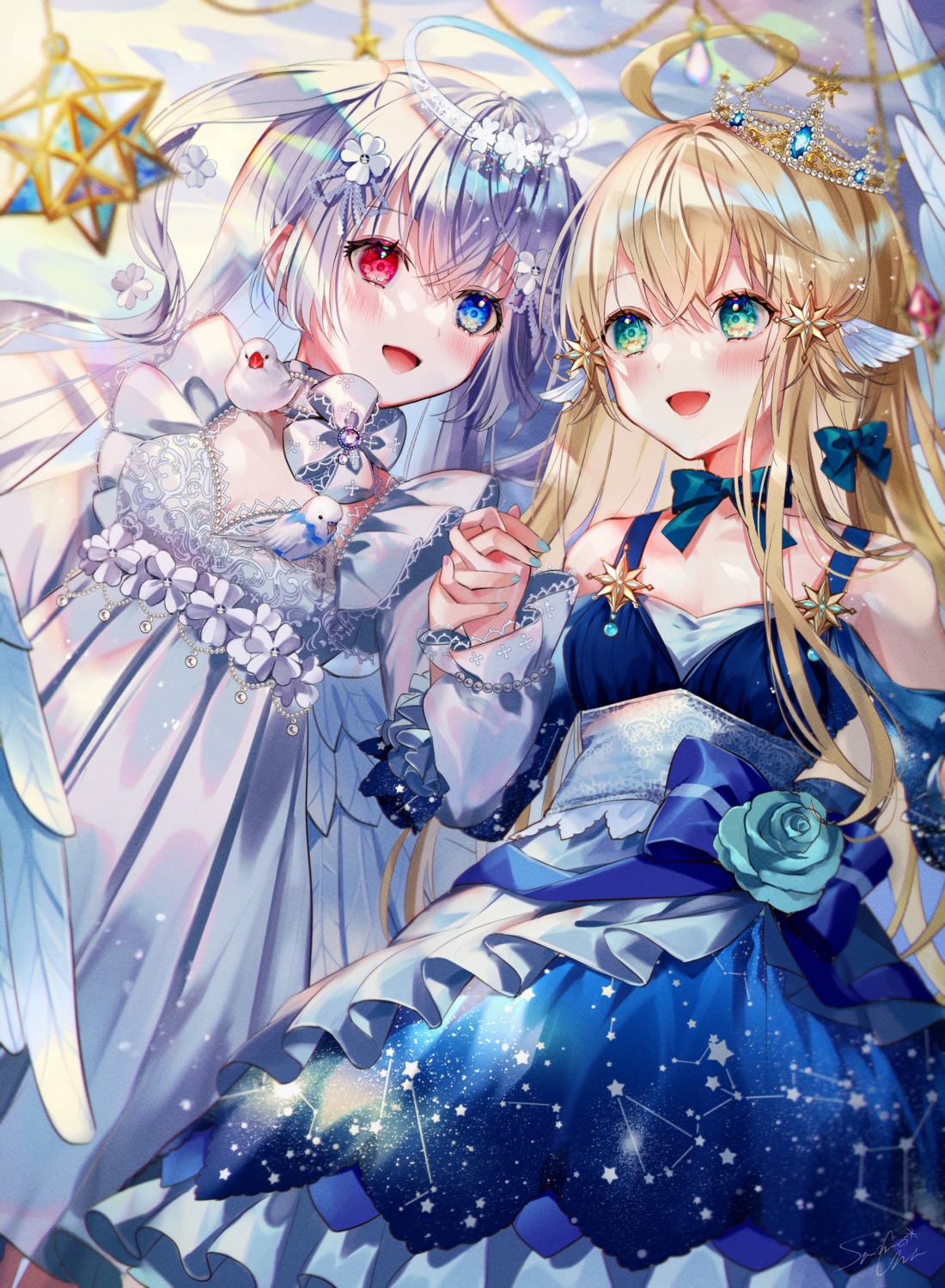bra, dress, heterochromia, samo_cha, tagme, yuri