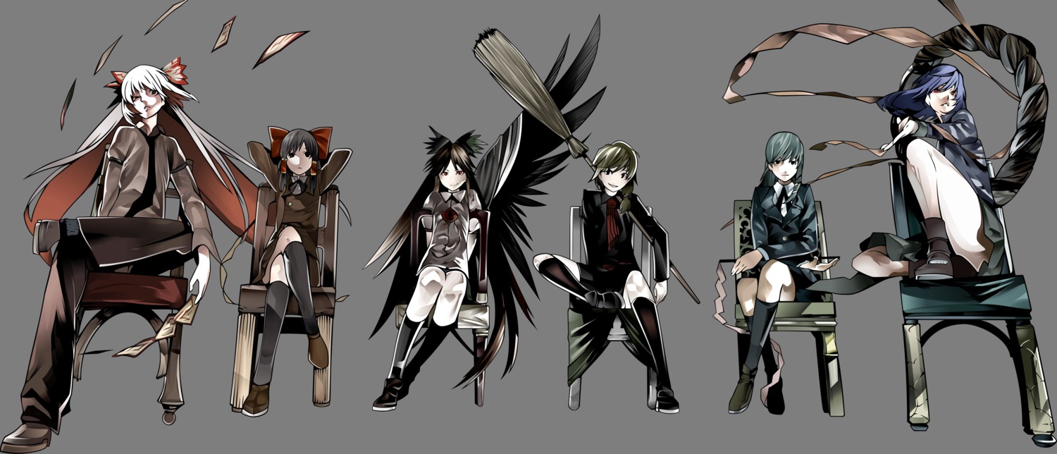 fujiwara_no_mokou, hakurei_reimu, kirisame_marisa, kochiya_sanae, onigunsou, reiuji_utsuho, touhou, transparent_png