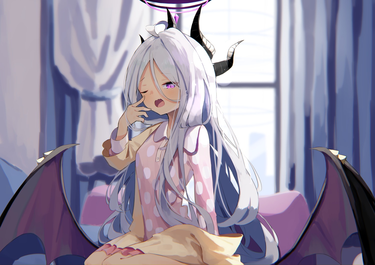 blue_archive, devil, halo, horns, pajama, sorasaki_hina, wings, yuki_hishaku