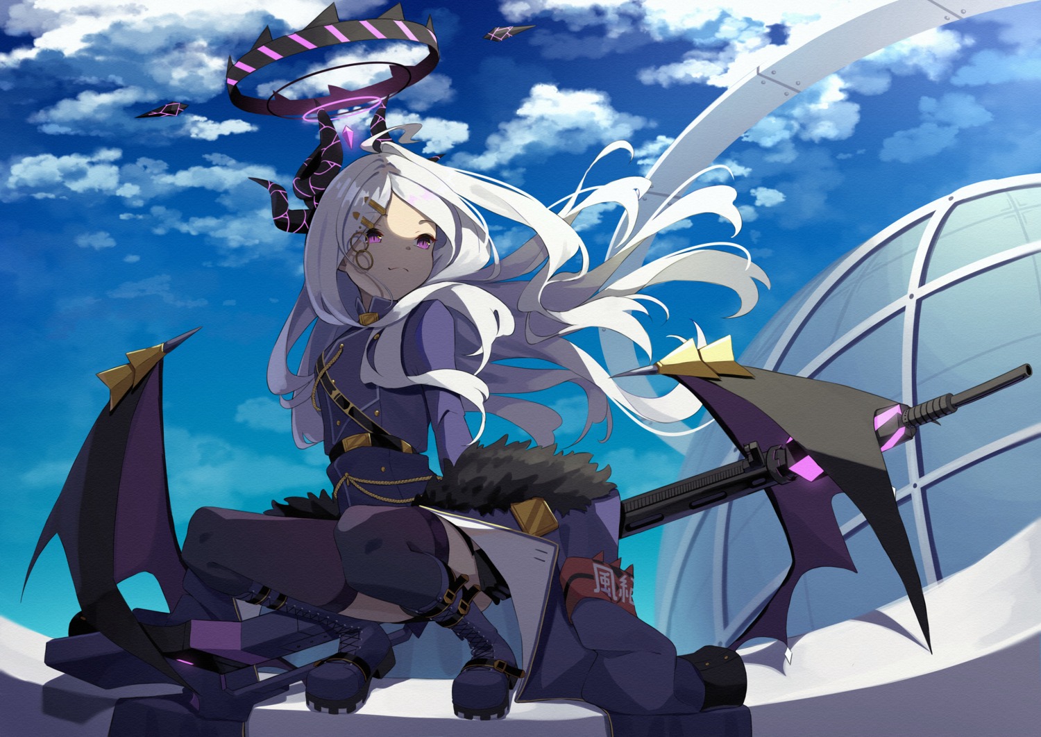 blue_archive, devil, gun, halo, horns, sorasaki_hina, thighhighs, uniform