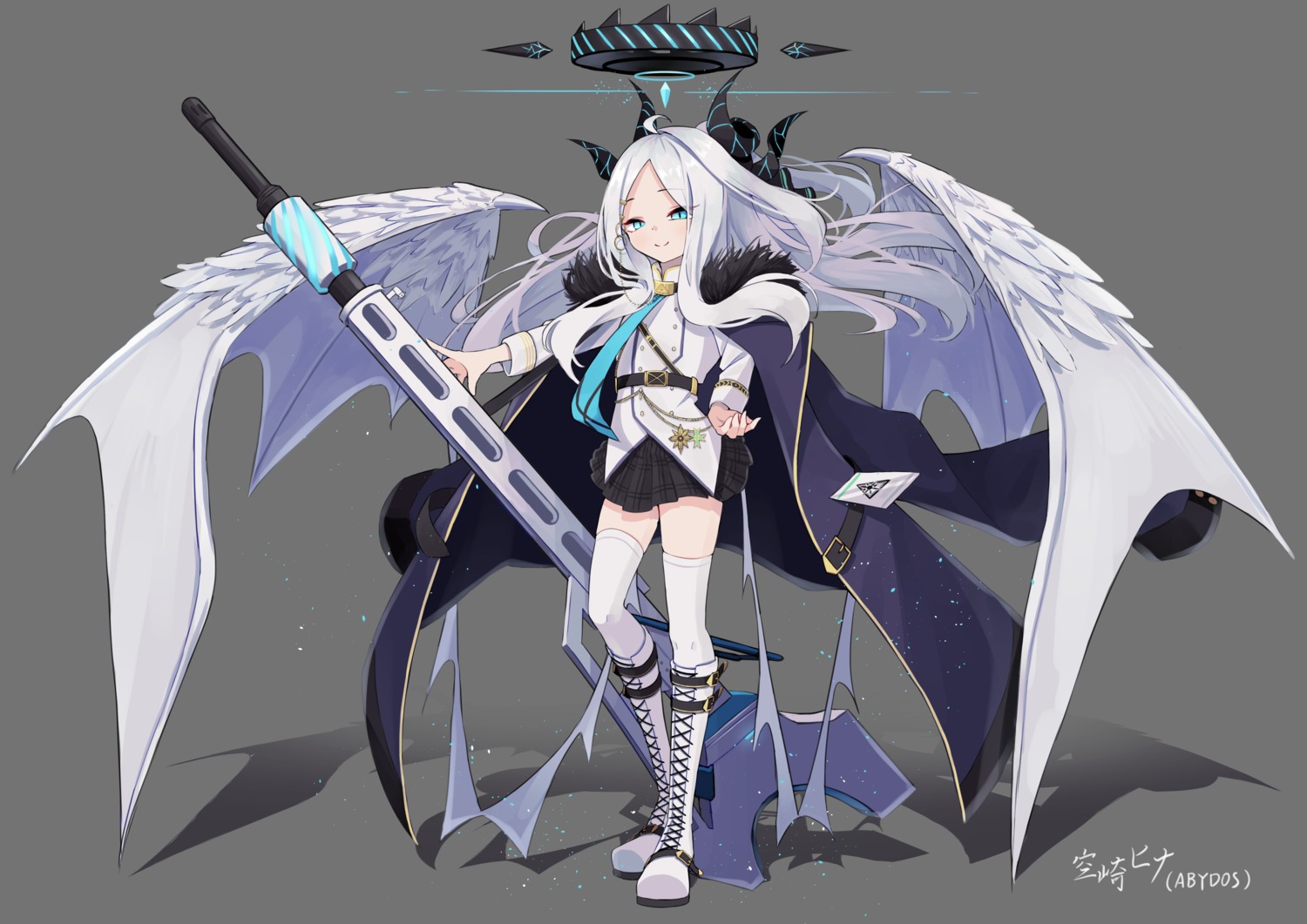 blue_archive, devil, gun, halo, horns, sorasaki_hina, sword, thighhighs
