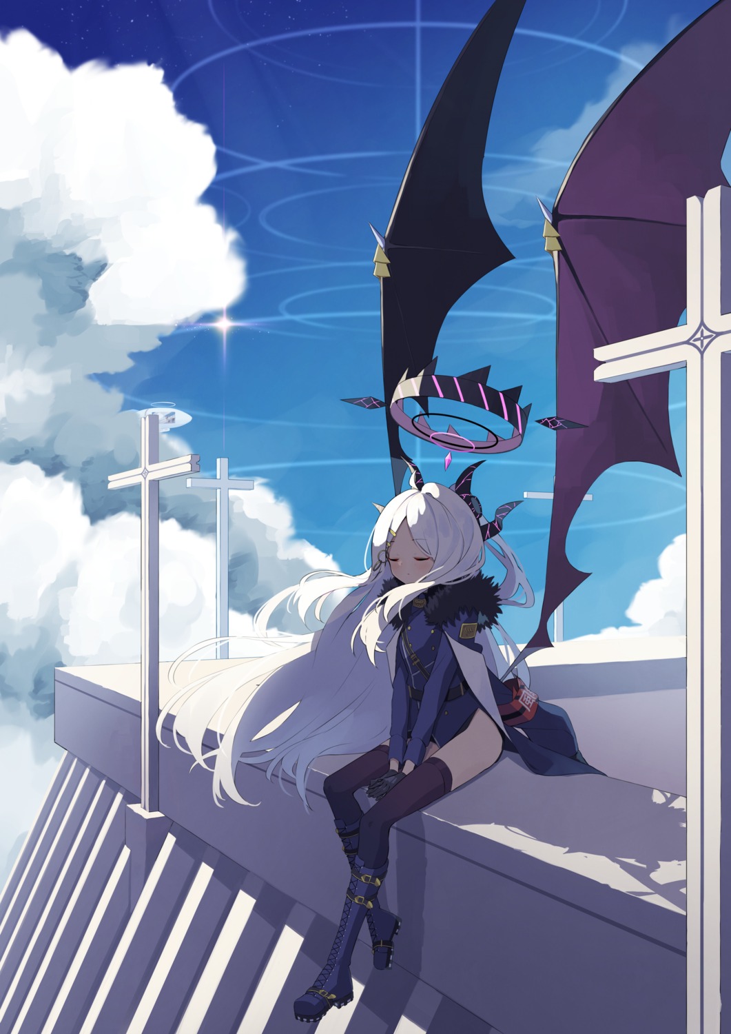 blue_archive, devil, halo, horns, sorasaki_hina, thighhighs, uniform, wings, yuki_hishaku