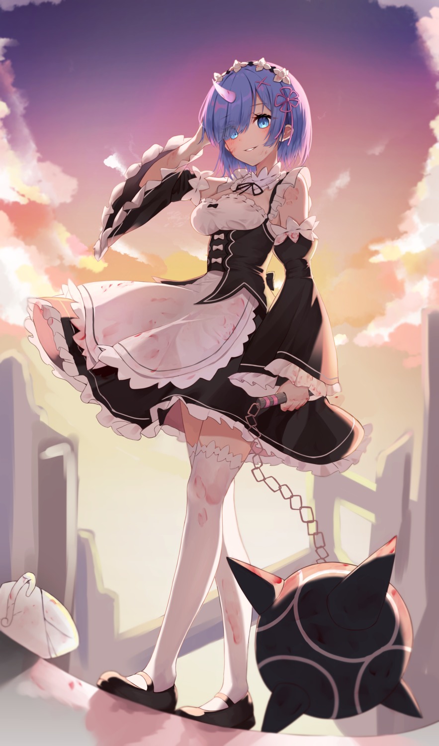 blood, horns, maid, okey, re:zero_kara_hajimeru_isekai_seikatsu, rem_(re_zero), thighhighs, weapon
