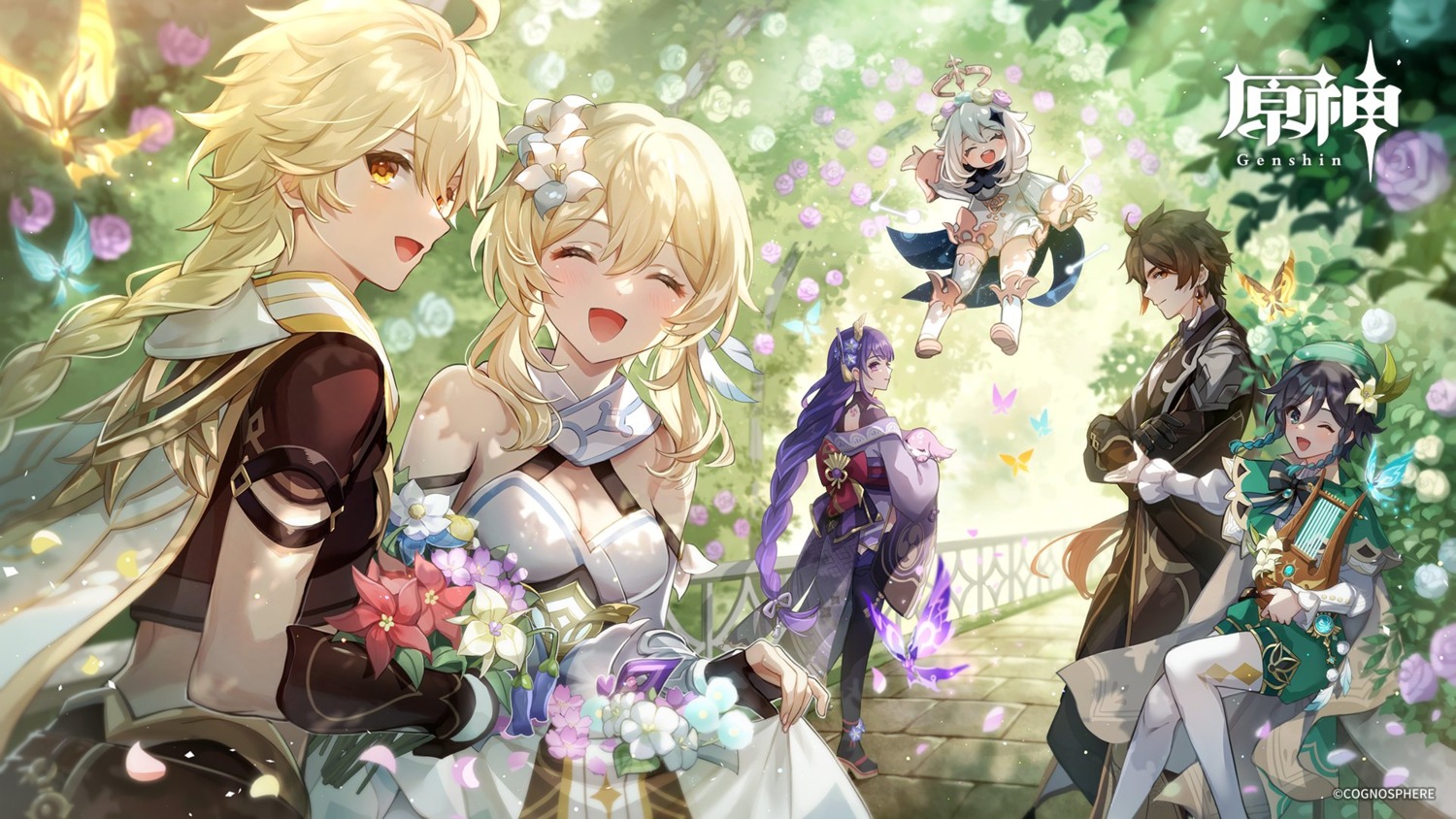 aether, animal_ears, cleavage, genshin_impact, japanese_clothes, lumine, paimon, pantyhose