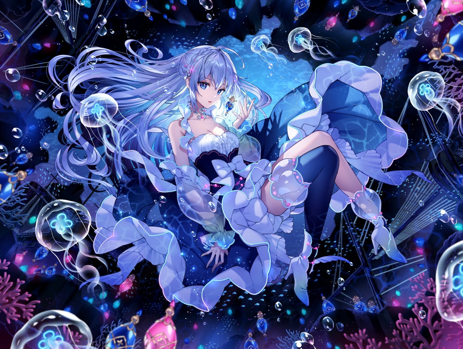 aitsuki_nakuru, cleavage, dress, heels, nardack, no_bra, see_through, thighhighs