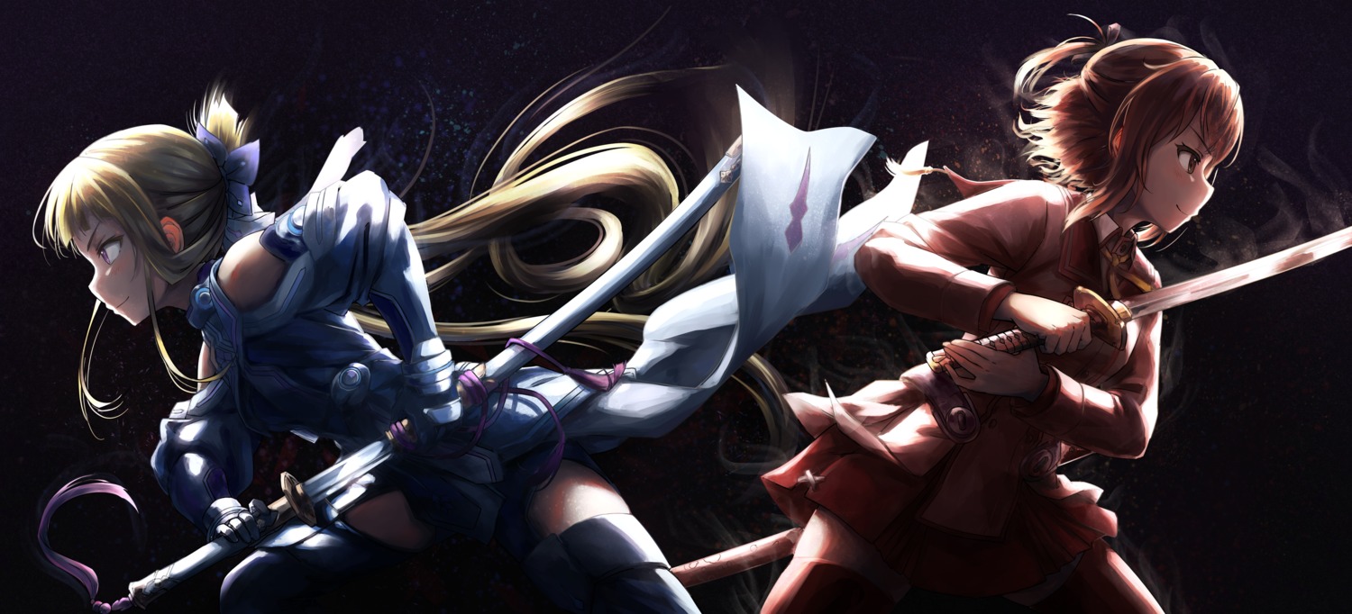 armor, crossover, etou_kanami, itaro, nogi_wakaba, seifuku, sword, thighhighs