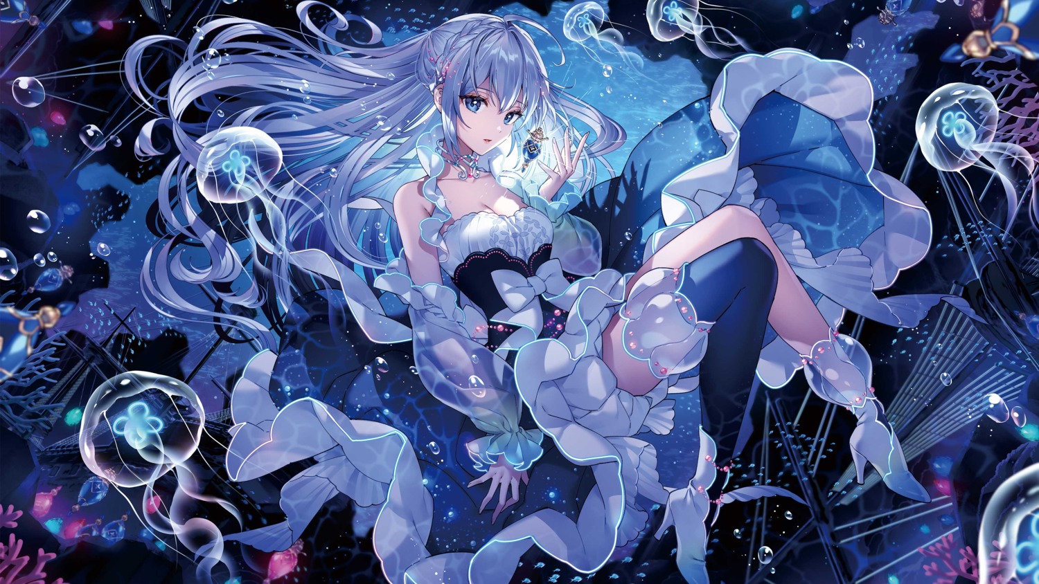 aitsuki_nakuru, dress, heels, nardack, see_through, thighhighs, wallpaper