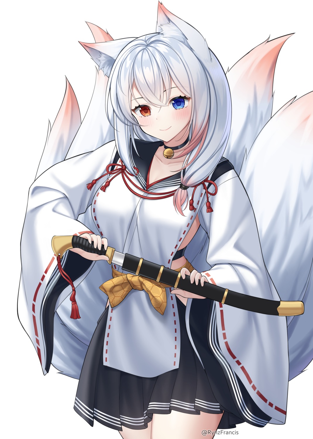 animal_ears, heterochromia, japanese_clothes, kitsune, rynzfrancis, seifuku, sword, tail