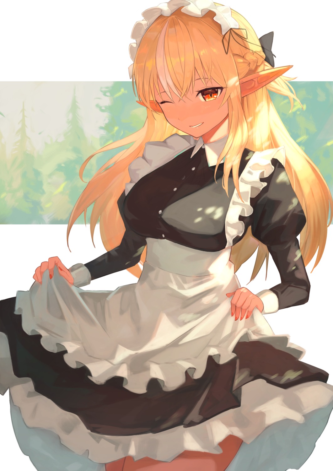 elf, hololive, maid, pointy_ears, shiranui_flare, sino_(oyasumi_hf), skirt_lift, tagme