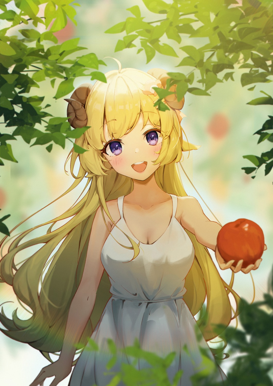animal_ears, cleavage, dress, hololive, horns, shyi, summer_dress, tsunomaki_watame