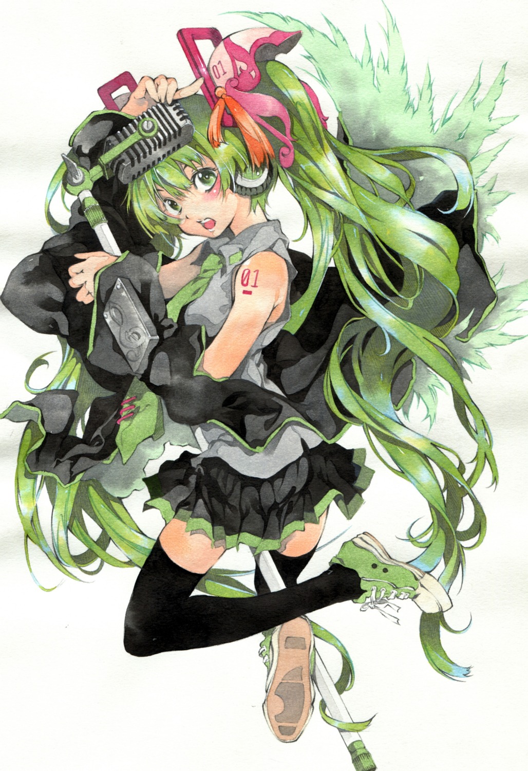 hatsune_miku, headphones, issun_boushi, thighhighs, vocaloid
